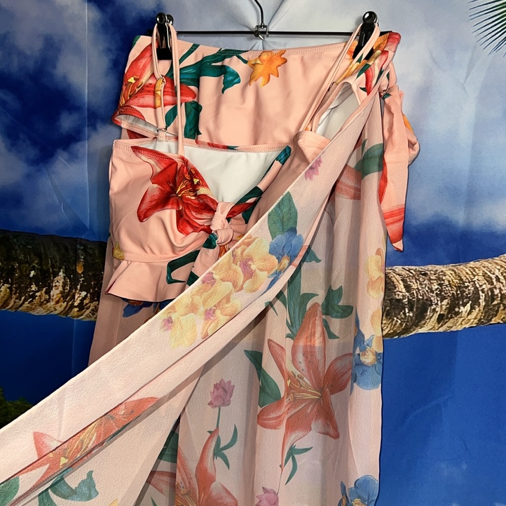 Three Piece Swim Set Tropical Pink Flower - Picture 4 of 6